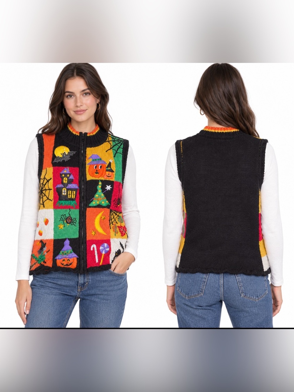VTG Tiara Halloween Patchwork Vest 90s Spooky size S